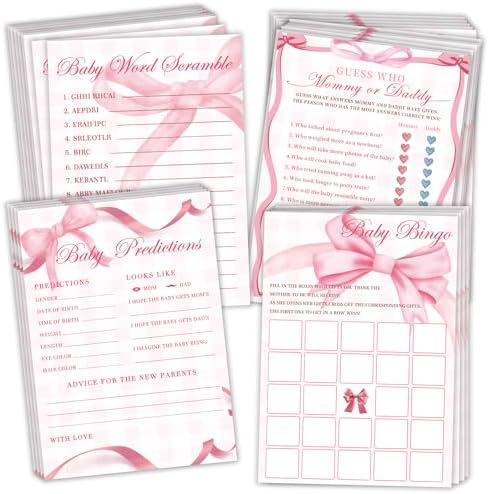 Pink Bow Baby Shower Games for Girl, 4 Games for 25 Guests, Guess Who Mommy or Daddy, Word Scramble for Baby Shower Decorations by Unknown