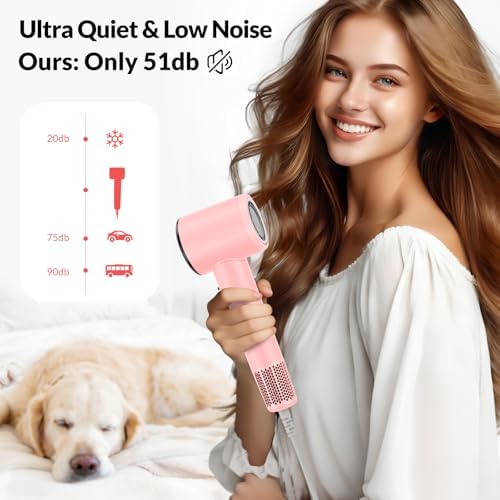High Speed Ionic Hair Dryer with Diffuser – 160,000 RPM Brushless Motor for Fast Drying, Lightweight Travel Blow Dryer with Concentrator Nozzle for Women Men, Pink - Image 5