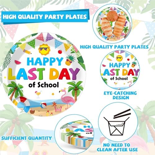 96 Pcs Happy Last Day of School Paper Party Plates and Napkins for Summer Tropical Beach Pool Supplies Summer End of School Year Dessert Tableware Set for 24 Guests Birthday Party Decorations - Image 3