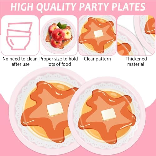 96Pcs Pancakes and Pajamas Paper Plates and Napkins Pajama Brunch Birthday Party Decoration Girls Pink Night Sleepover Dessert Plates Spa Party Cake Tableware Set for 24 Guests Slumber Party Supplies - Image 3