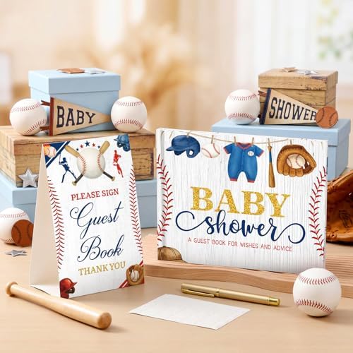 Fuyoooo 27 Pcs Baseball Baby Shower Guest Book Set Sign in Book Gold Pen - Image 2