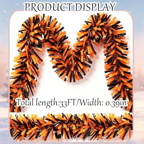 33FT Halloween Tinsel Garland Decorations, Shiny Metallic Foil Twist Garland for Halloween Tree, Halloween Party, Indoor Outdoor Holiday Decor (Orange & Black) - Image 2