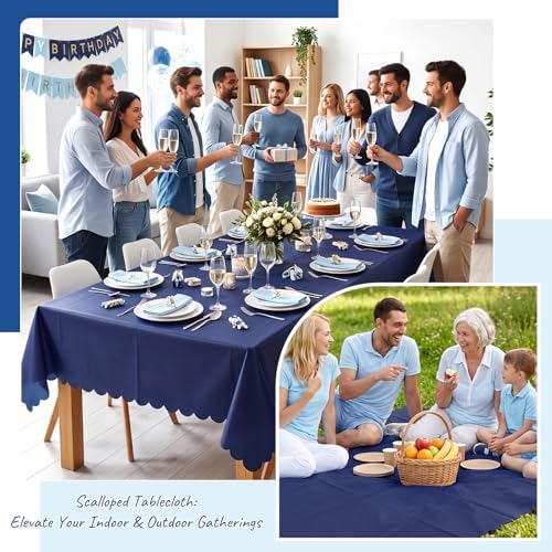 NatNarr 3 Pcs Navy Blue Plastic Tablecloths, Scalloped Blue Table Cloth - Image 7