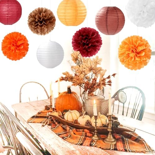 Brown Burgundy-Orange Party-Decorations Paper-Flowers Lanterns - 15PCS Fall Boho Tissue Pom Poms Streamers,Baby Bridal Shower Rustic Wedding Neutral Birthday Coffee Halloween ThanksgivingDecor Hugfond - Image 3