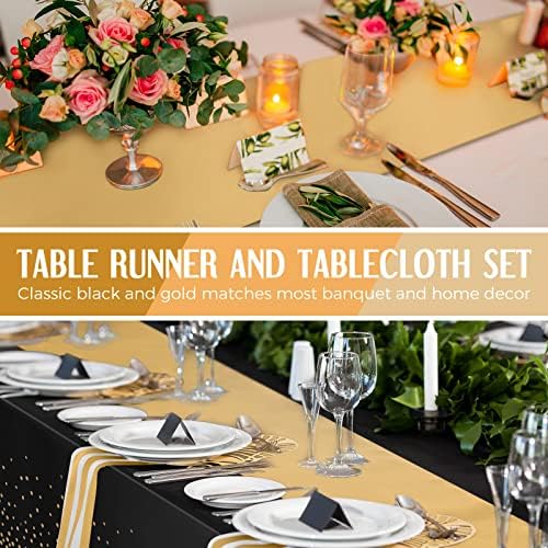Breling 8 Pack Black and Gold Tablecloths and Satin Runners Set - Image 5