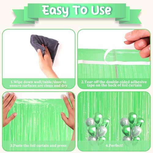 Voircoloria Pastel Green Foil Fringe Backdrop Curtains,3.3x8.2ft, 3 Pack - Image 3