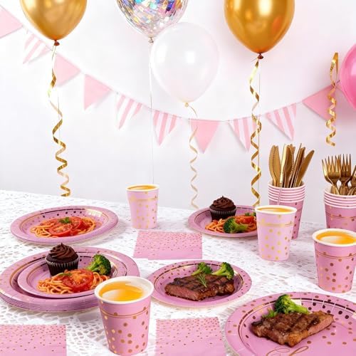 168Pcs Pink and Gold Paper Plates and Napkins Party Supplies for 24 Guest - Image 7