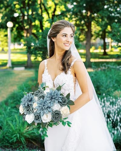 FACINOC Roses Artificial Flowers Dusty Blue Fake Flower with Stem Box Set - Image 2