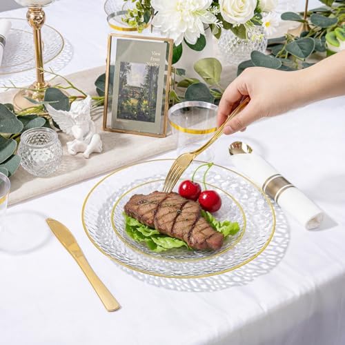 Rubtlamp 700Pcs Gold Plastic Dinnerware Set, Hammered Clear Gold Plates, Fancy Plastic Plates Include 100 Dinner Platos,100 Salad Platos,100 Cups,100 Pack Pre Rolled gold plastic Silverware - Image 3