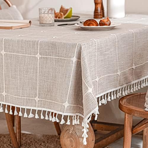 Deep Dream Tablecloths, Embroidered Waterproof Table Cloth Cotton Linen Wrinkle Free Anti-Fading Table Cover Decoration for Kitchen Dinning Party Christmas, 55 x 86 Inch - Light Brown by DeepDream
