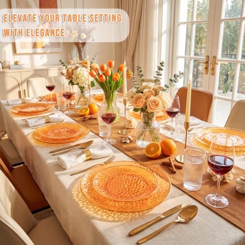 Rubtlamp 60Pcs Orange Plastic Plates, Orange Disposable Plates With Gold Rim, Hammered Plastic Plates Include 30 Dessert Platos, 30 Dinner Platos for Party - Image 6