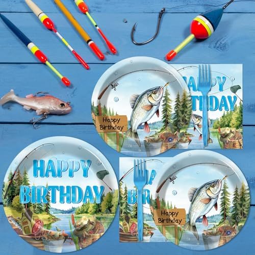 96Pcs Gone Fishing Party Plates Napkins Ofishally Birthday Supplies Fishing Birthday Paper Dessert Cake Plates Tropical Fish Tableware Sets for Kids Boys 24 Guests Birthday Party Decorations - Image 4