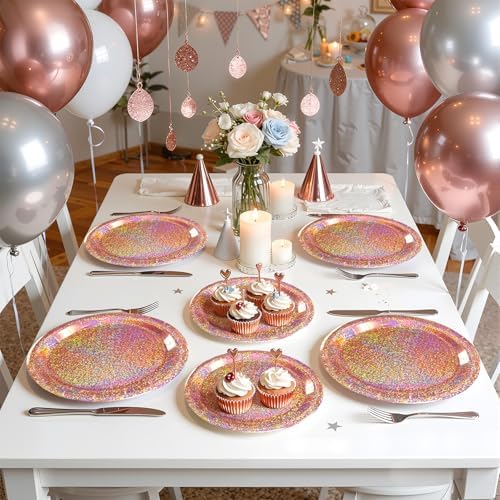 Rose Gold Party Decor, 75 Pcs Iridescent Paper Plates and Napkins Set - Image 6