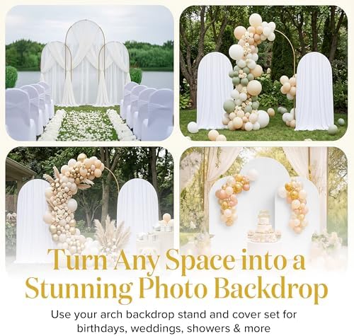 Metal Arch Backdrop Stand and Cover Set – 3 Gold Frames (7.2ft, 6ft x2) with White Wrinkle-Free Spandex Covers, Water Weights, Bags & Case – Wedding, Birthday, Baby Shower, Party Decor - Image 3