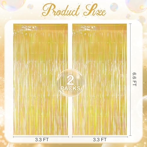 2 Pack Yellow Iridescent Streamers Backdrop, 3.3x6.6ft Foil Fringe Curtains Gold Holographic Door Tinsel Streamers for Birthday, Wedding, Holiday, Bachelorette, Theme Party Decorations - Image 2