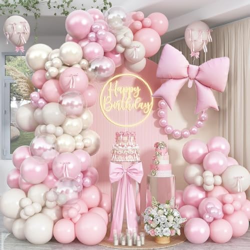 Double Stuffed Pearl White and Pink Balloon Arch Garland Kit, Pearl White Beige with Pink Bow Foil Balloons for Girls Women Wedding Bridal Baby Shower Bachelorette Coquette Birthday Party Decorations by Paeyeq