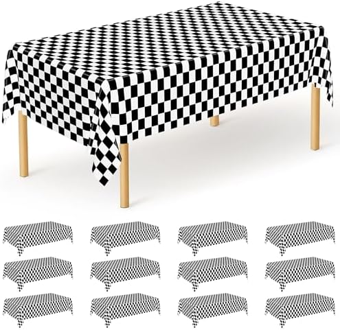 12Pack Table Cloth Rectangle Table, 54" x 108" Plastic Tablecloth, Black and White Checkered Table Covers, Waterproof Disposable Table Cloth for Outdoor Picnic Indoor Birthday Party Supplies Dinner by QZYL