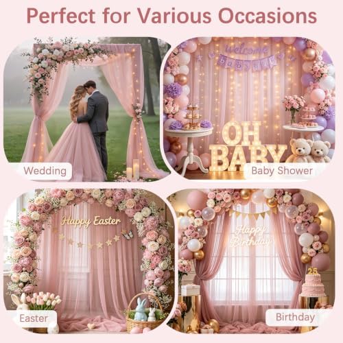 Tulle Backdrop Curtain with Lights String 10FT X 10FT Wrinkle Free Dusty Rose Sheer Tulle Backdrop Curtains for Wedding Birthday Party Reception Photo Booth Background Decorations (2 Panels 5x10FT) - Image 7