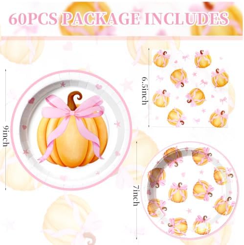 60 Pcs Pink Bow Pumpkin Paper Plates and Napkins Sets,Serves 20 - Image 2
