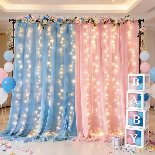 Ledido 10×8ft Pink Blue Tulle Backdrop Curtains with Light(4 Panels 5×8ft) by Ledido