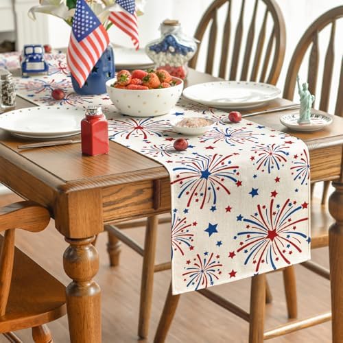 Artoid Mode Beige Fireworks Patriotic 210 GSM 4th of July Table Runner, Memorial Day Kitchen Dining Table Decoration for Home Party Decor 13x72 Inch - Image 4