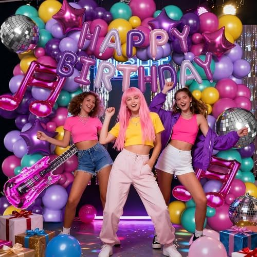 167PCS Purple Pink Teal K-Pop Music Themed Birthday Decorations with HAPPY BIRTHDAY &Musical Symbols & Disco Star & Guitar Foil Balloons for Kpop Music Girls Fans Birthday Party Grad Prom Decoration - Image 6