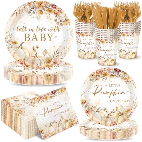 Little Pumpkin Baby Shower Decorations - Fall in Love With Baby Tableware Boho Autumn Floral Thanksgiving Party Supplies for A Little Pumpkin is On The Way Baby Shower Decor Serve 24 by Unknown