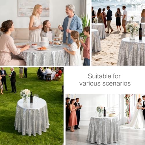 Pufogu 120" Round Silver Sequin Tablecloth Glitter Silver Table Cloths for Birthday Wedding Bridal Baby Shower Party Decorations - Image 2