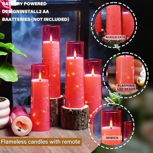 Nimiko Flickering Flameless LED Candles,Battery Operated Candles 9 Pcs with Embedded Star String,Acrylic LED Pillar Candles with Remote,Suitable for Home Decoration to Create an Atmosphere (Pink) - Image 3
