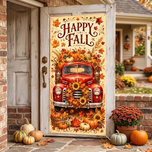Happy Fall Vertical Door Banner, 35×71 Inch Autumn Front Door Hanging Flag Decor with Vintage Red Truck Pumpkins Sunflower Maple Leaves Backdrop Design for Farmhouse Porch Yard Thanksgiving Harvest - Image 5