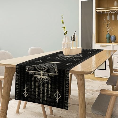 Vintage Viking Pattern Table Runner, Helm of Terror Scandinavian Viking Seasonal Dinner Runner for Farmhouse Party Holiday Home Kitchen Dining Table Decor 13"x36" - Image 2
