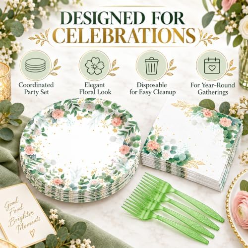 72 Pcs Sage Green Floral Plates Napkins and Forks Set, 7 Inch, Serves 24 - Image 3