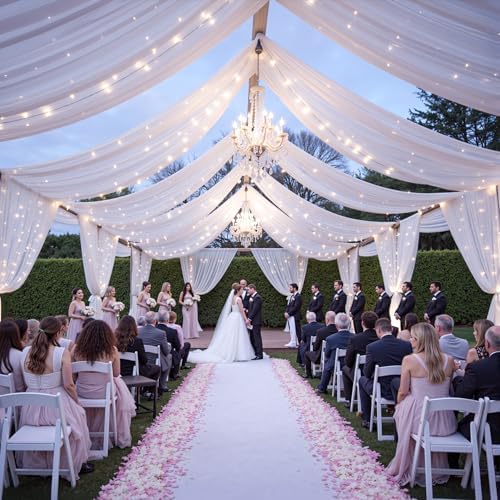 6 Panels White Ceiling Curtains with Lights for Weddings - 5ftx20ft Wrinkle-Free Tulle Fabric Wedding Arch Draping Ceiling Drapes Decorations for Wedding Party Ceremony Stage Tent Event - Image 4