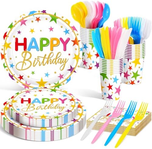 Meanplan 168 Pcs Happy Birthday Plates Napkins Tableware Set 24 Guest by Meanplan