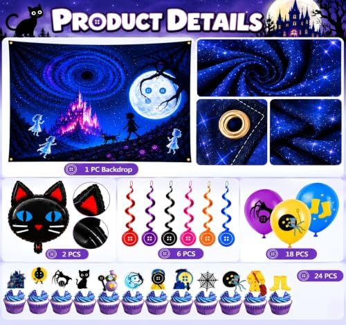 Black Cat Birthday Party Decorations Kit, Backdrop Banner, 2PCS Cat Foil Balloons, 18PCS Latex Balloons, 24PCS Cupcake Toppers, 6PCS Hanging Swirls Set, Halloween Party Supplies for Kids Girls - Image 3