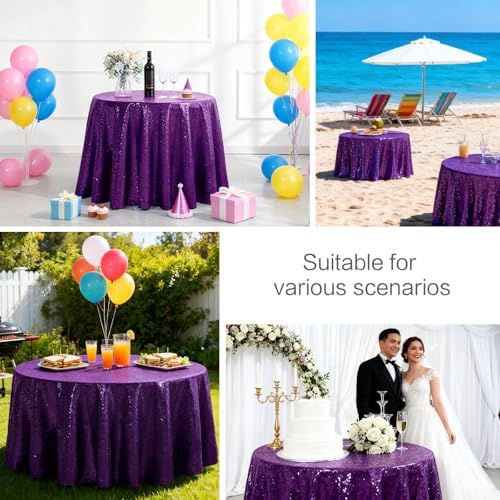 Pufogu 50" Round Purple Sequin Tablecloth Glitter Purple Table Cloths for Birthday Wedding Bridal Baby Shower Party Decorations - Image 4