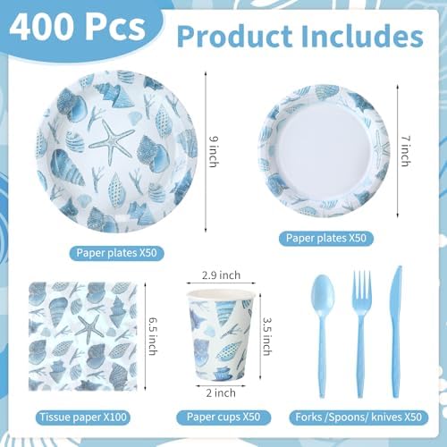 Pickmesh 400 Pcs Under The Sea Party Supplies, Ocean Party Tableware for 50 - Image 2
