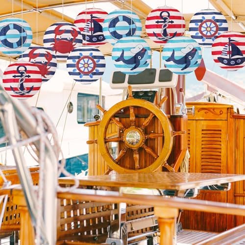Panelee 12 Pcs Nautical Birthday Party Decorations Anchor Sailor Boat Cruise Ship Theme 8 Inches Hanging Paper Lanterns 8 Inches Round Lanterns for Holiday Navy Baby Shower Party Decor Supplies - Image 5