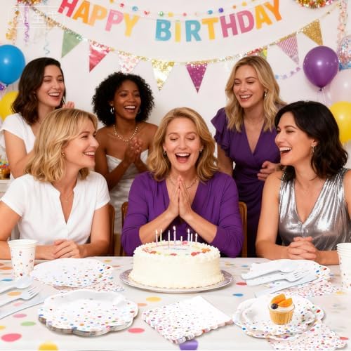 Colorful Birthday Plates and Napkins 350PCS Confetti Colorful Paper Plates Happy Birthday Disposable Tableware Set Serve 50 for Art Paint Party Supplies Bubble Decorations - Image 6