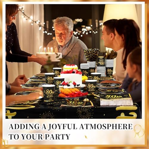 Funnymoom 452 Pcs 80th Birthday Party Decorations Set for Men Women, Black and Gold Happy 80th Birthday Paper Plates Napkins Cups Tablecloth Cutlery Straws Cheers to 80 Years Anniversary Party - Image 5