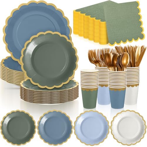 Mimorou 338 Pcs Dusty Blue and Sage Green Plates and Napkin Party Supplies by Unknown