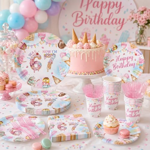 120PCS Ice Cream 7th Birthday Party Supplies, Pastels Sweet Treats I Was 6 Now I'm 7 Tableware Set, Girls Summer Birthday Decoations Disposable Paper Plates Napkins Cups Knives Forks for 20 Guests - Image 3