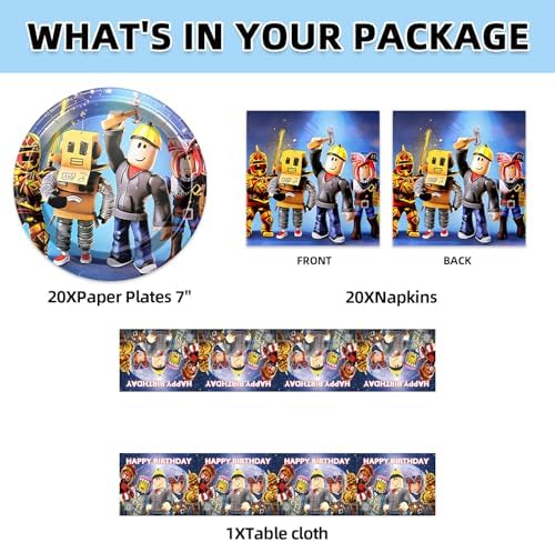 Roblo-x Party Supplies 41pck include 20 plates, 20 napkins 1Tablecloth for the birthday Robot party decoration - Image 2