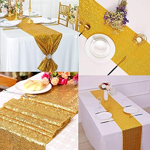 12 Packs 12 X 72 Inch Gold Sequin Table Runner Glitter Dining Table Runner for Birthday Wedding Engagement Bridal Baby Shower Bachelorette Holiday Celebration Party Supplies Decorations (Gold) - Image 5