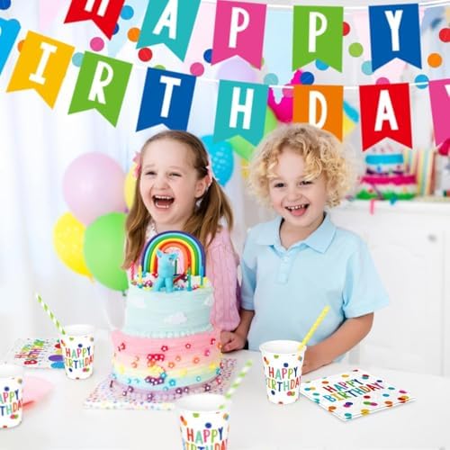 Birthday Party Supplies Set for 25 Guests, Polka Dot Happy Birthday Decorations Kit with Plates, Napkins, Cups, Tablecloth, Banner & Balloons, Colorful Unisex Party Decor - Image 5