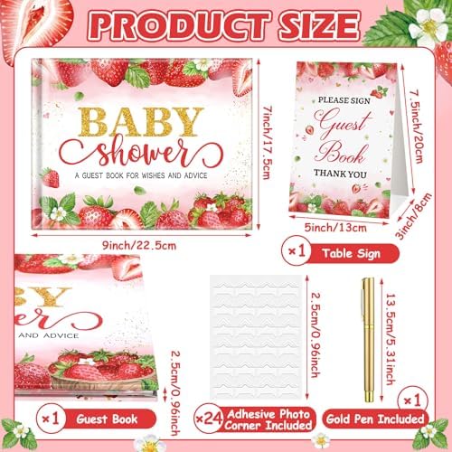 Fuyoooo Strawberry Baby Shower Guest Book with Gold Pen - Image 4