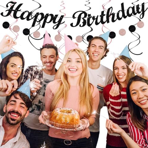 Blush-Pink Black Happy-Birthday Banner Party-Decorations - 31pcs 14th 40th Rose Gold Women Girls Paper Lanterns Streamers,Tissue Paper Flowers Pom Poms Fans Tassel Garland Sign Decor Backdrop Hugmoon - Image 7
