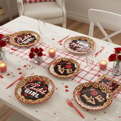 Cheetah Print Birthday Decorations - 96 Pcs Cheetah and Cherry Party Plates Napkins Forks Tableware Set, Red Leopard Print Supplies for Women Birthday Party Serves 24 - Image 5
