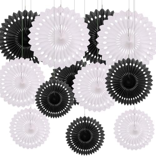 CC wonderland zone 12PCS Black and White Paper Fans Party Decorations,Hanging Ceiling Honeycomb Round Tissue Paper Fans for Black and White Birthday Party Decorations by CC+wonderland+zone