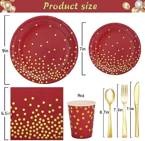 175 PCS Burgundy and Gold Party Supplies - Burgundy Plates and Napkins Sets Serve 25 Guests - Maroon and Gold Paper Plates for Birthday Wedding Graduation Holiday Party Decorations - Image 2